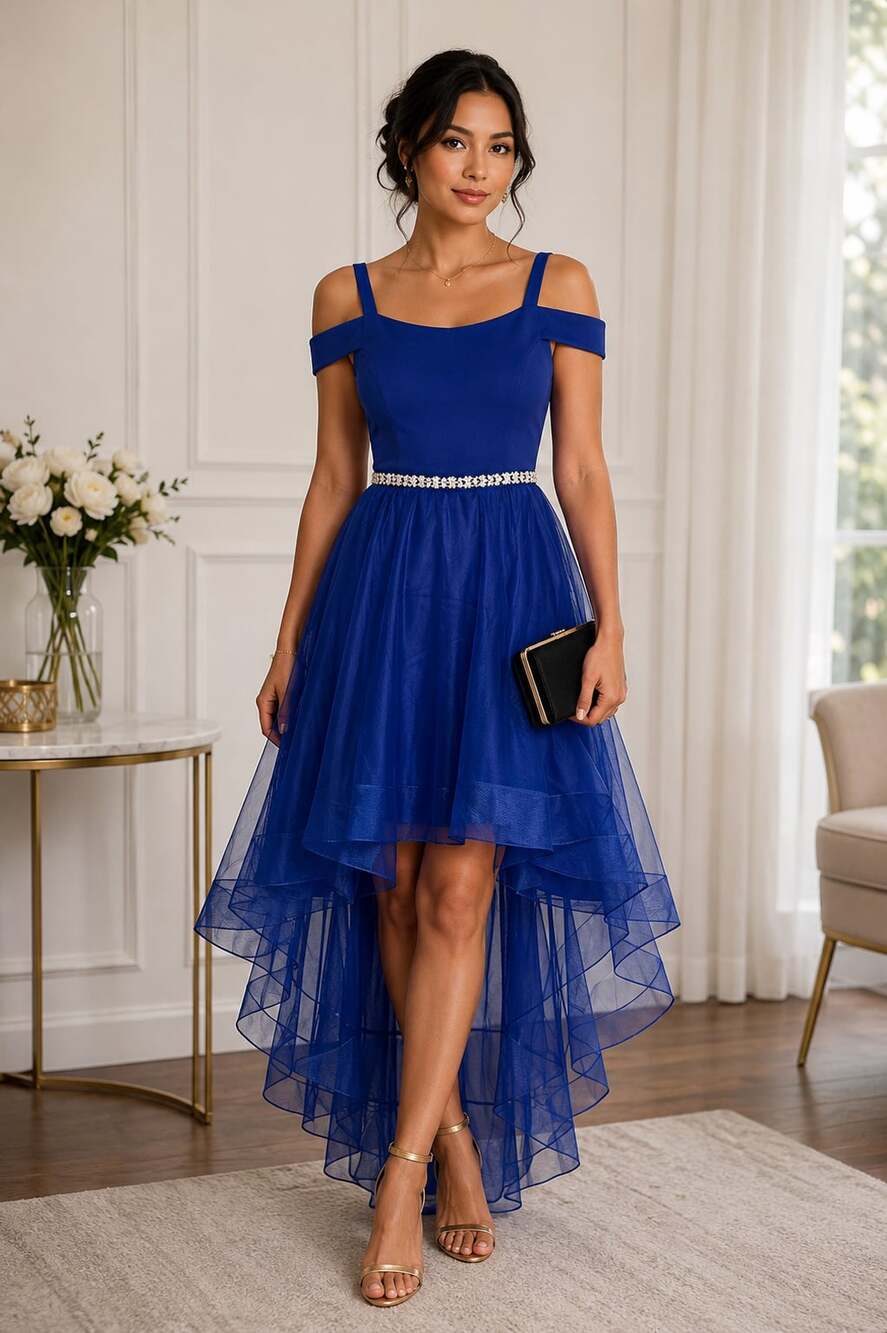 Rare Editions Royal Blue High-Low Cold-Shoulder Dress